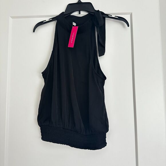 Black Sleeveless Blouse High Neck Tie NWT Elegant Work Top S - Picture 1 of 6